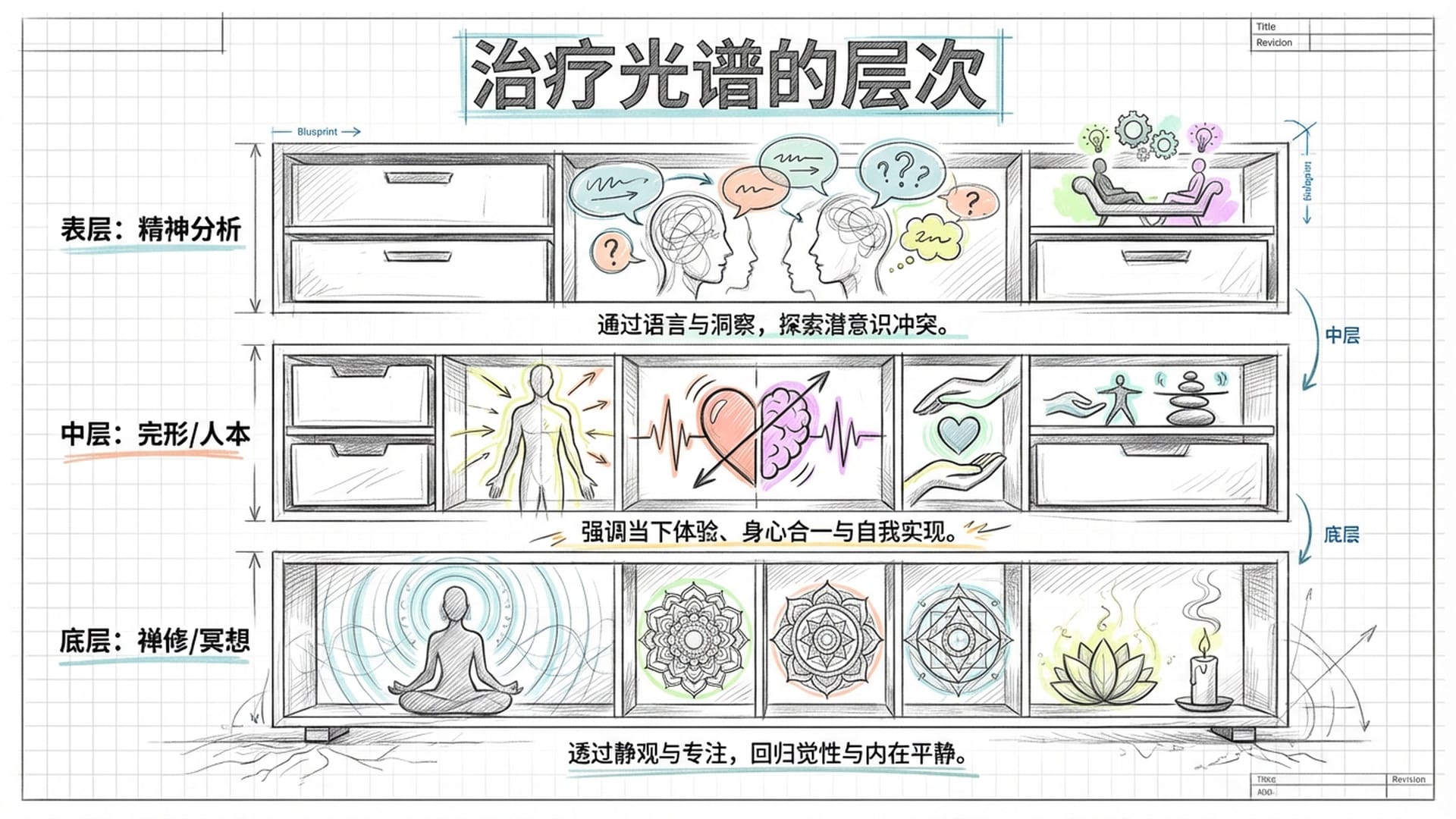 多层药柜或工具箱，对应不同频段的治疗方法，由浅入深层层排布
