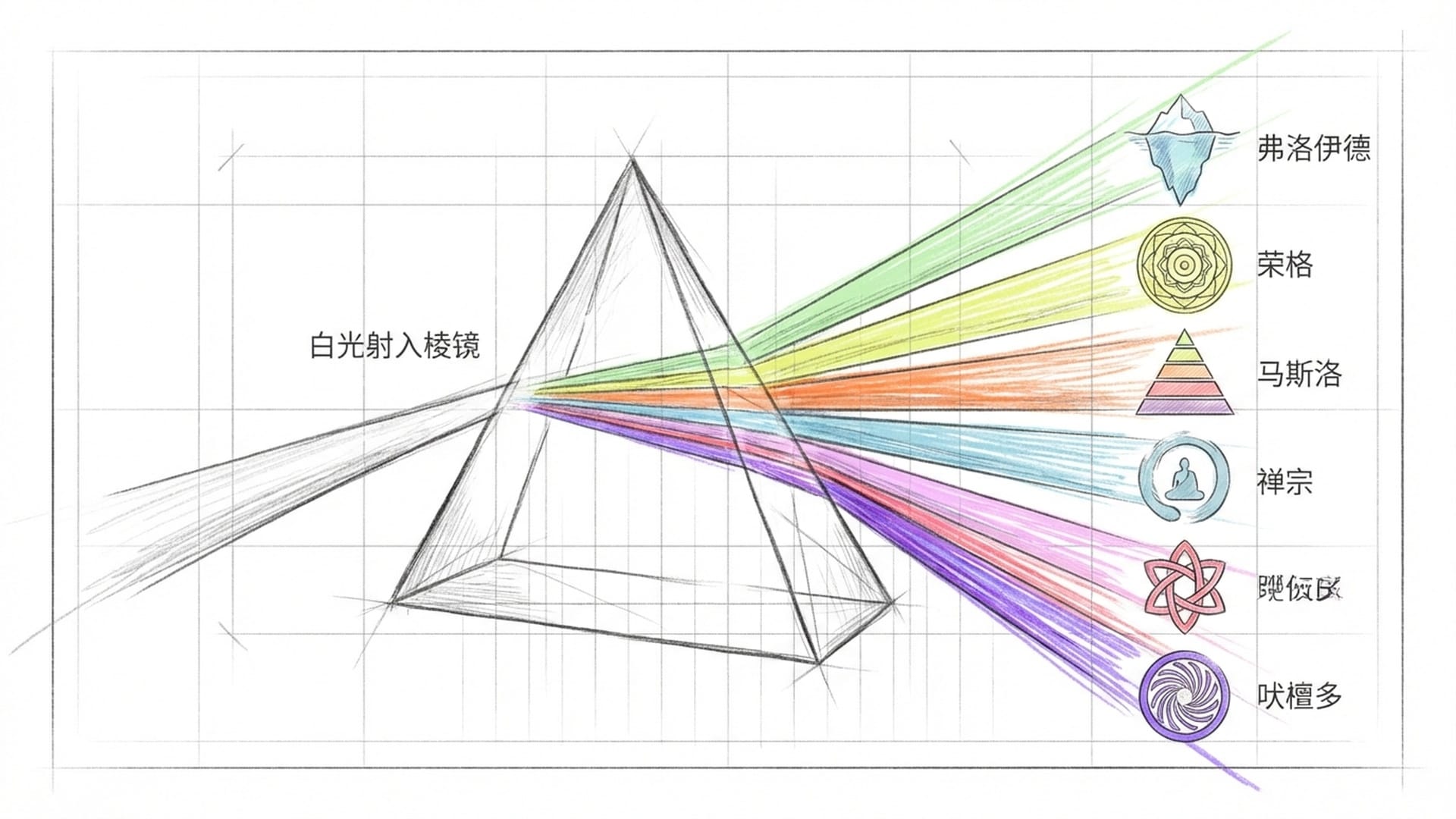 一束白光穿过三角形透明棱镜，分解成七彩色带，两侧对比心理学流派的标志