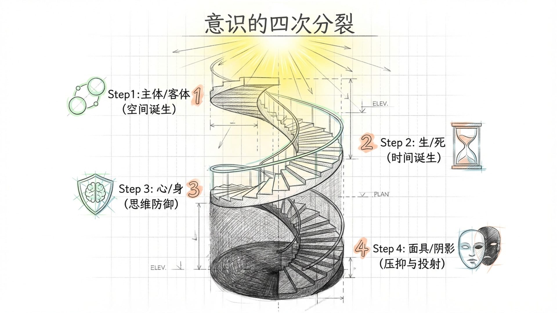 螺旋下降的阶梯，标志着四次二元分裂的过程，从无限的光源向黑暗底部延伸