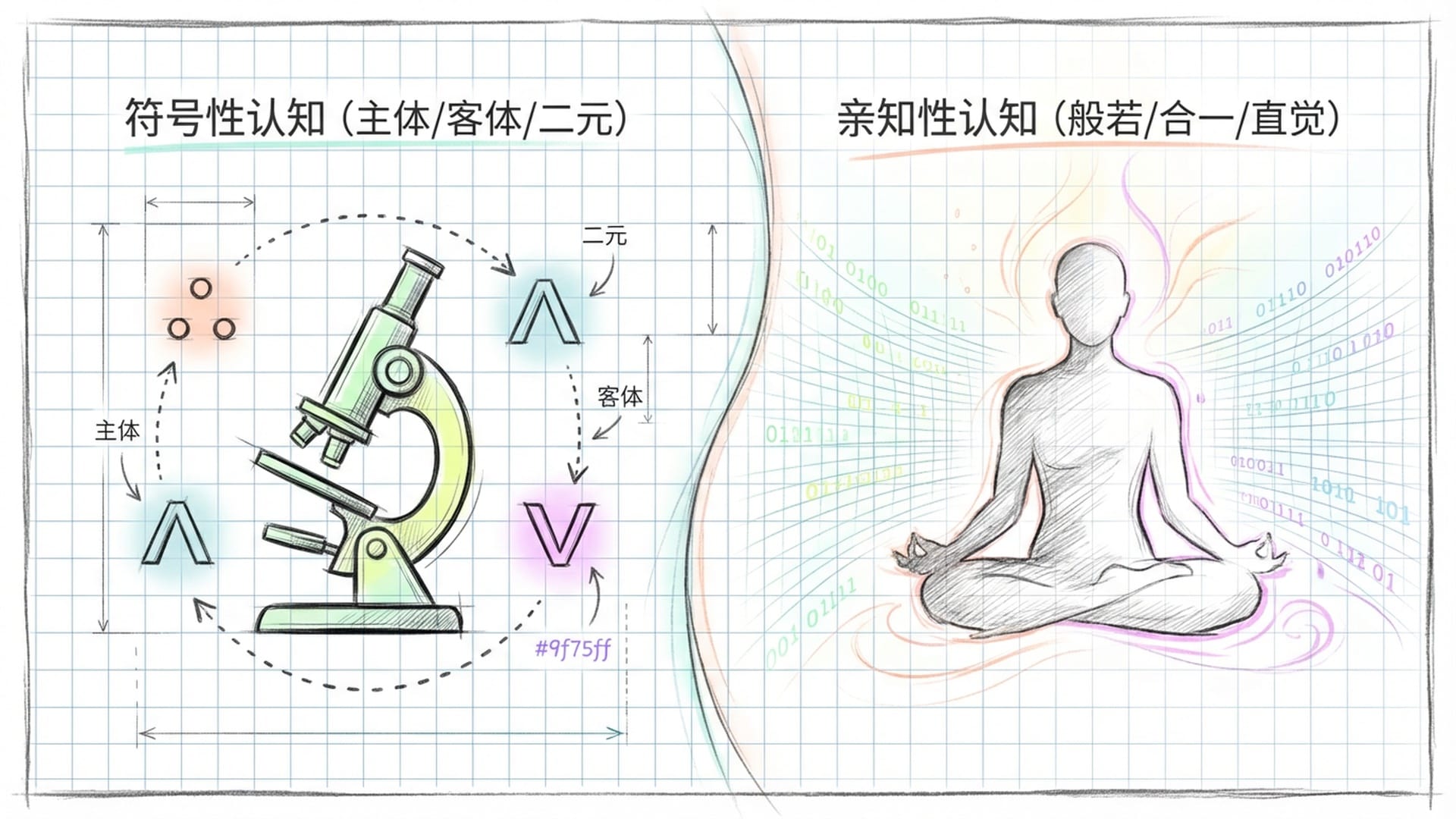 分裂的屏幕，左侧是显微镜与逻辑符号，右侧是打坐的修行者与融化的界限