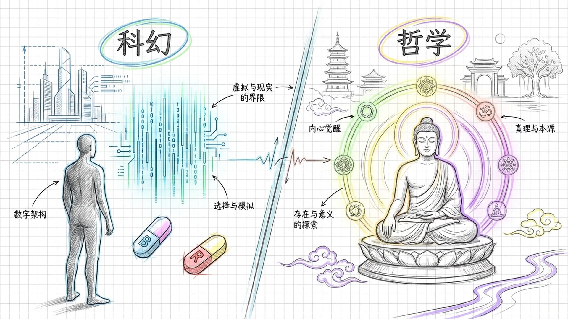 巨大的Matrix绿色代码屏幕与一个现代人正在思考的剪影,对比两千五百年前在菩提树下的冥想者,画面呈现出一种跨越时空的同构感。