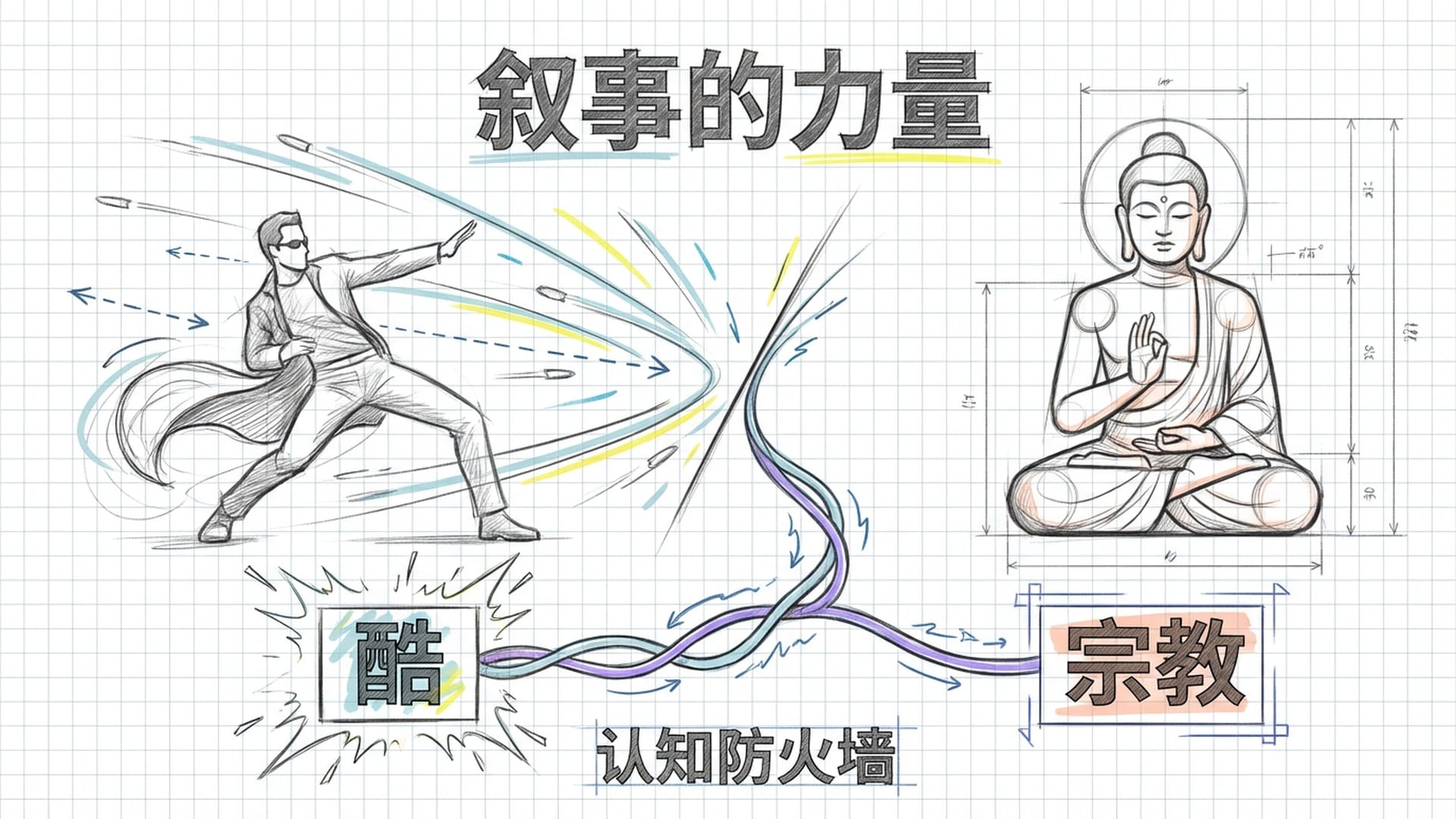 电影海报风格的动感画面,Neo在慢动作躲避子弹;对比一尊静止不动的石佛。探讨叙事包装带来的接受差异。