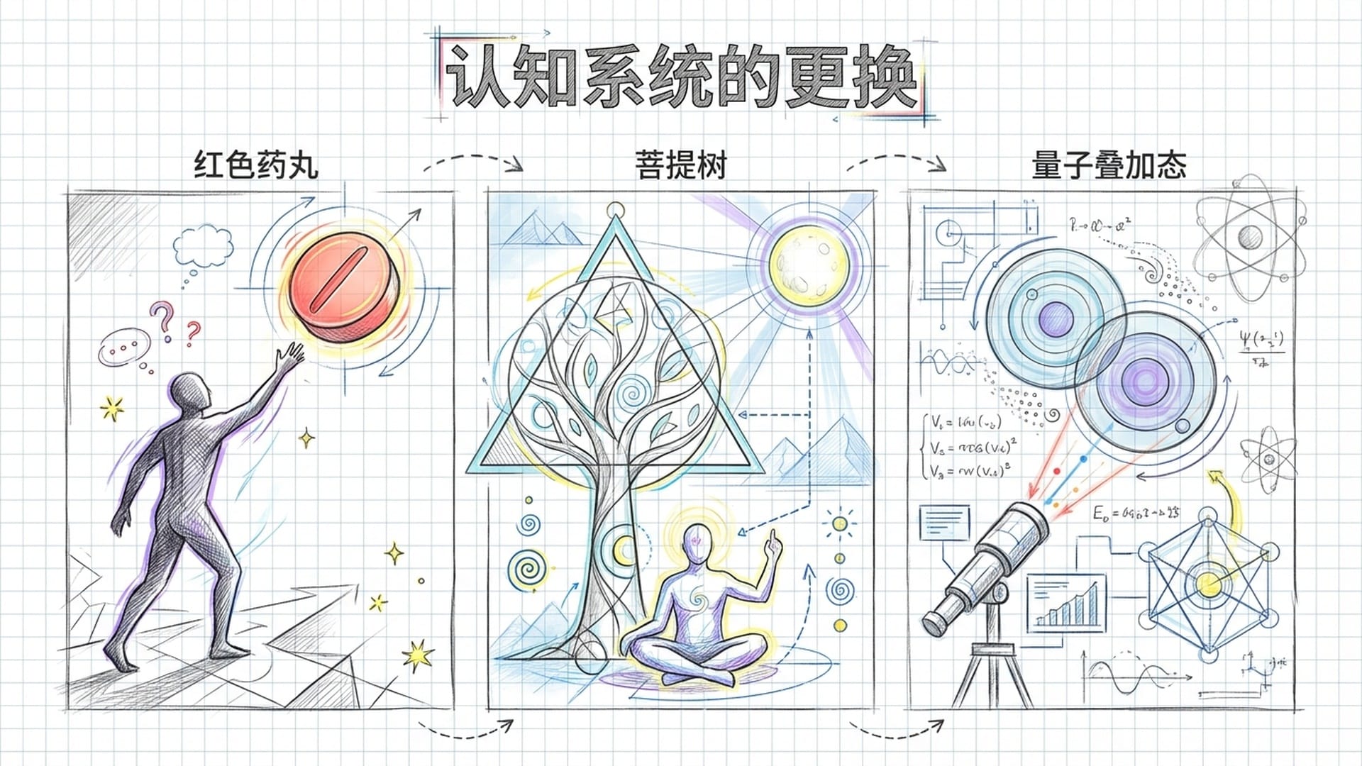 三组并列画面:Neo吞下药丸;佛陀指着月亮;物理学家观察微观粒子。三者都在“除旧迎新”。