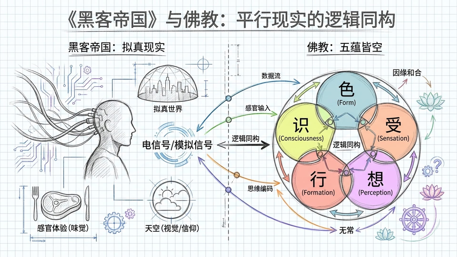 分屏展示:一边是Matrix中插入后脑的管线与模拟出的牛排/蓝天;一边是佛家五蕴的分解结构。