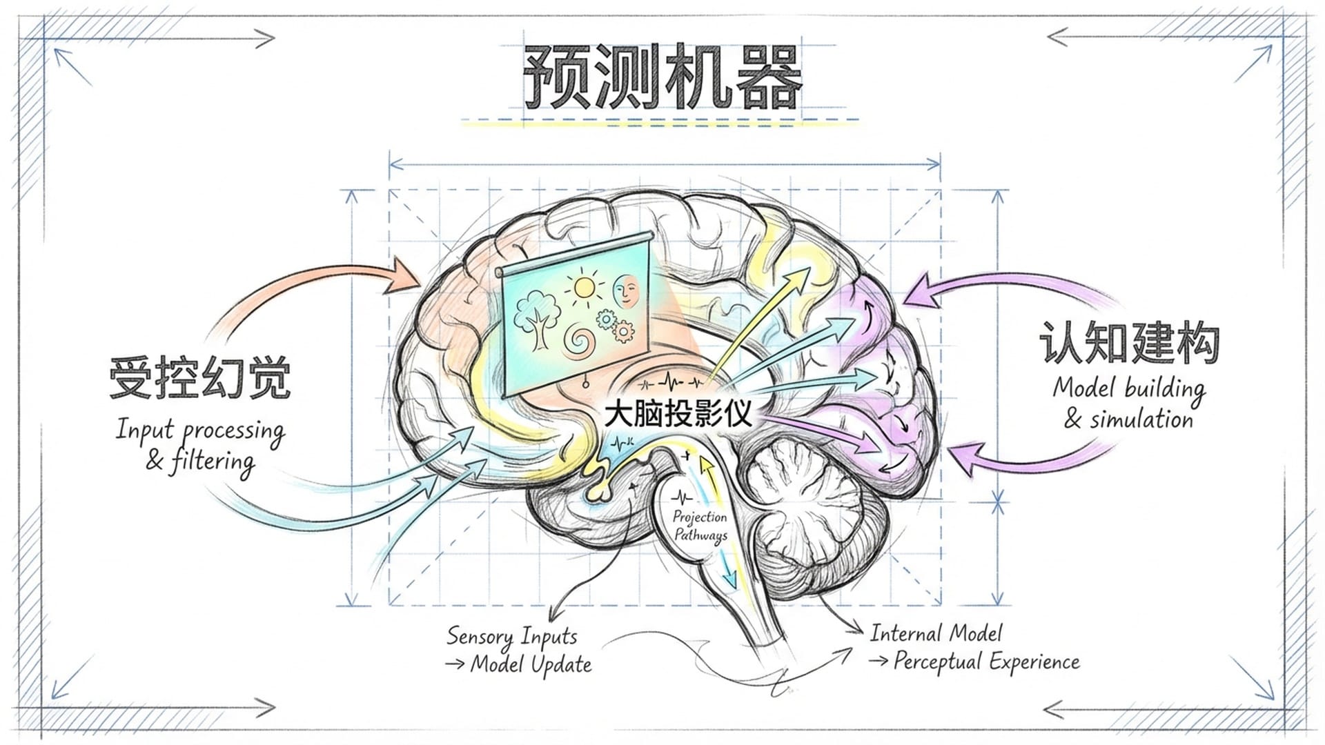 大脑内部的电影院,银幕上放映着外面的世界;大脑作为投影仪,正在生成受控幻觉。
