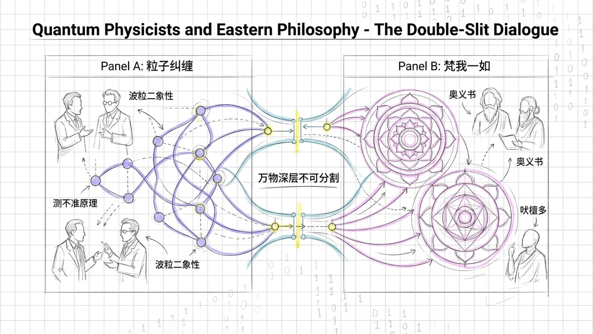 海森堡与泰戈尔、薛定谔与吠檀多的跨时空对话画面,背景是闪烁的量子比特流。