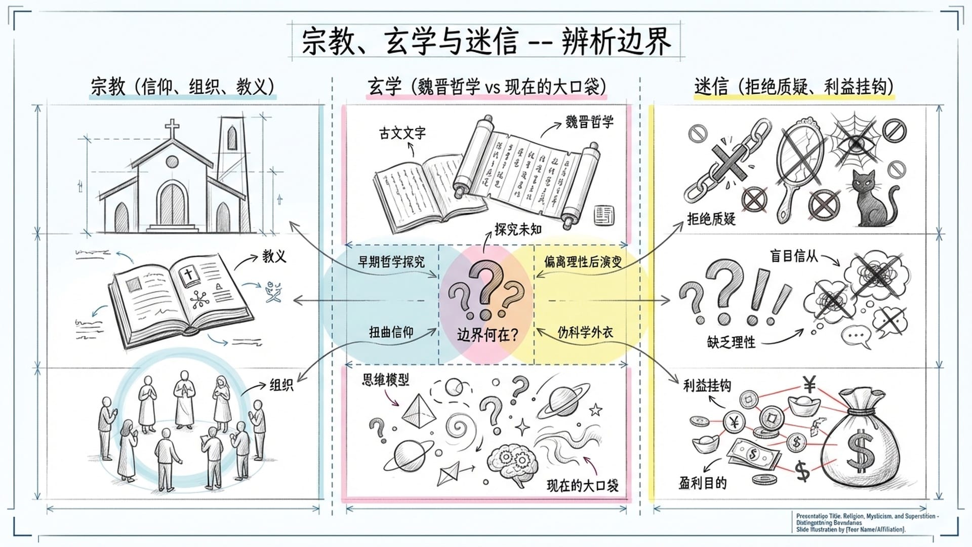 宗教、玄学与迷信的对比示意图,带有明显的界限与重叠区。