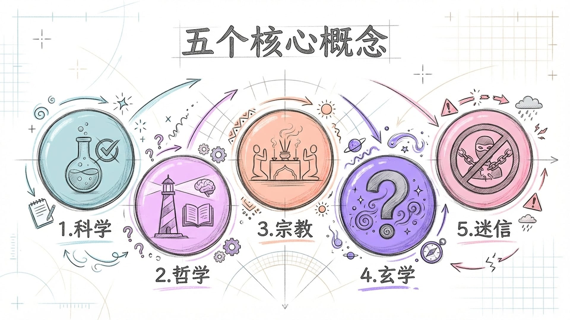 五个发光的发光球体排列成弧形,每个球体代表一个核心概念,色差分明。