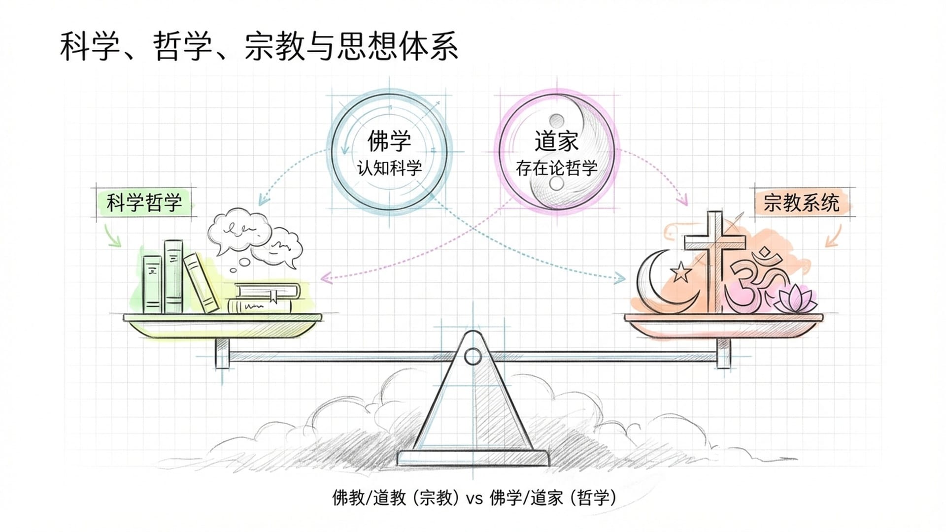 迷雾中的天平模型,左边是科学哲学,右边是各种宗教混合体,佛学与道家被单独提取出来。