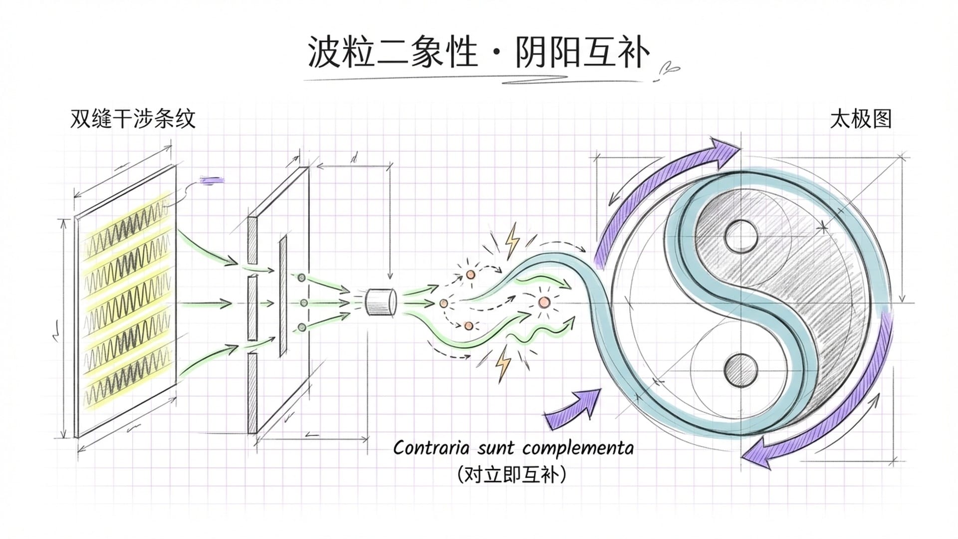 双缝实验示意图与太极图阴阳互补的交叠,粒子在波与点之间闪烁。
