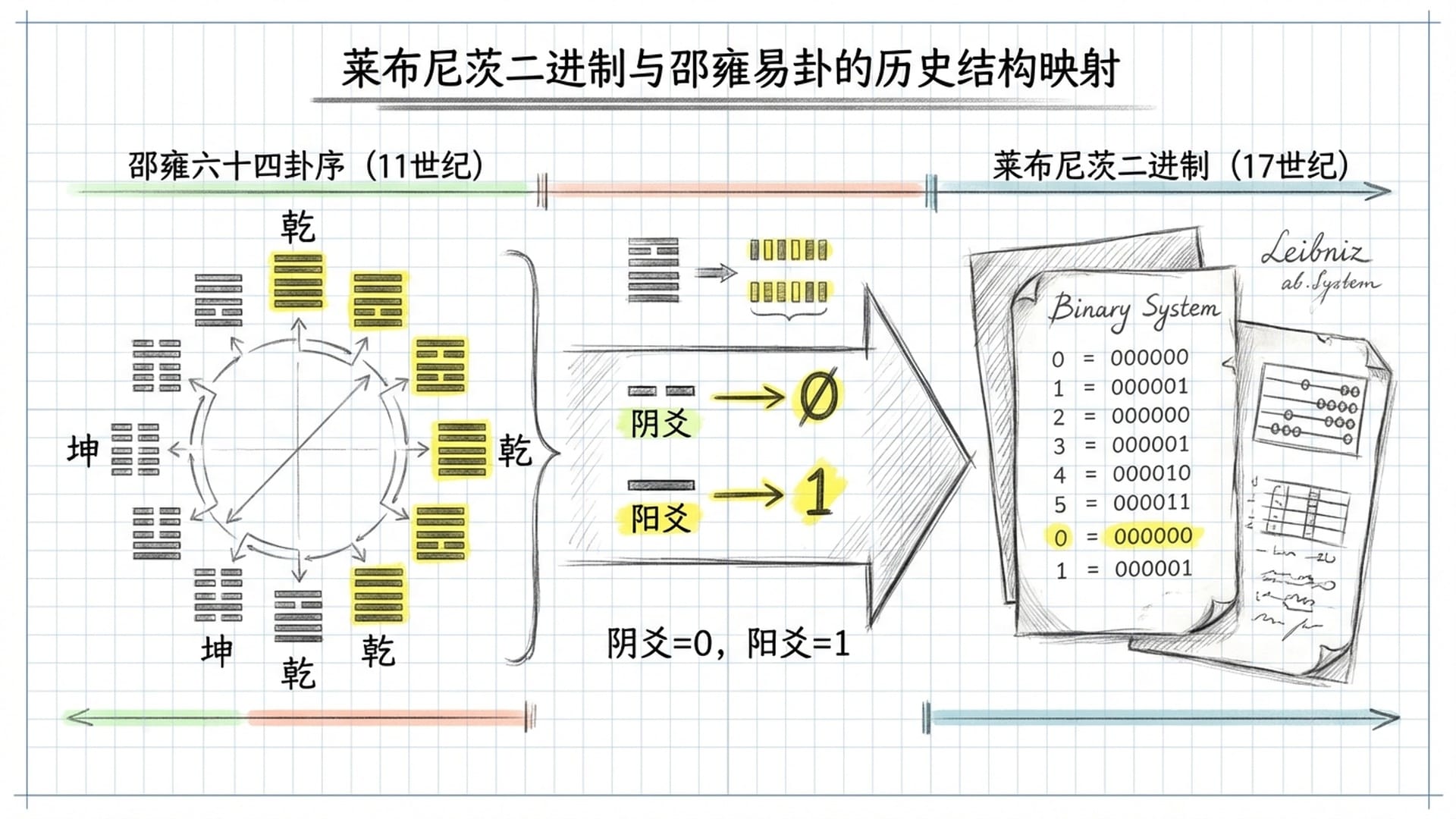 莱布尼茨的手稿与宋代邵雍的先天六十四卦图重叠,0与1在卦象下浮现。