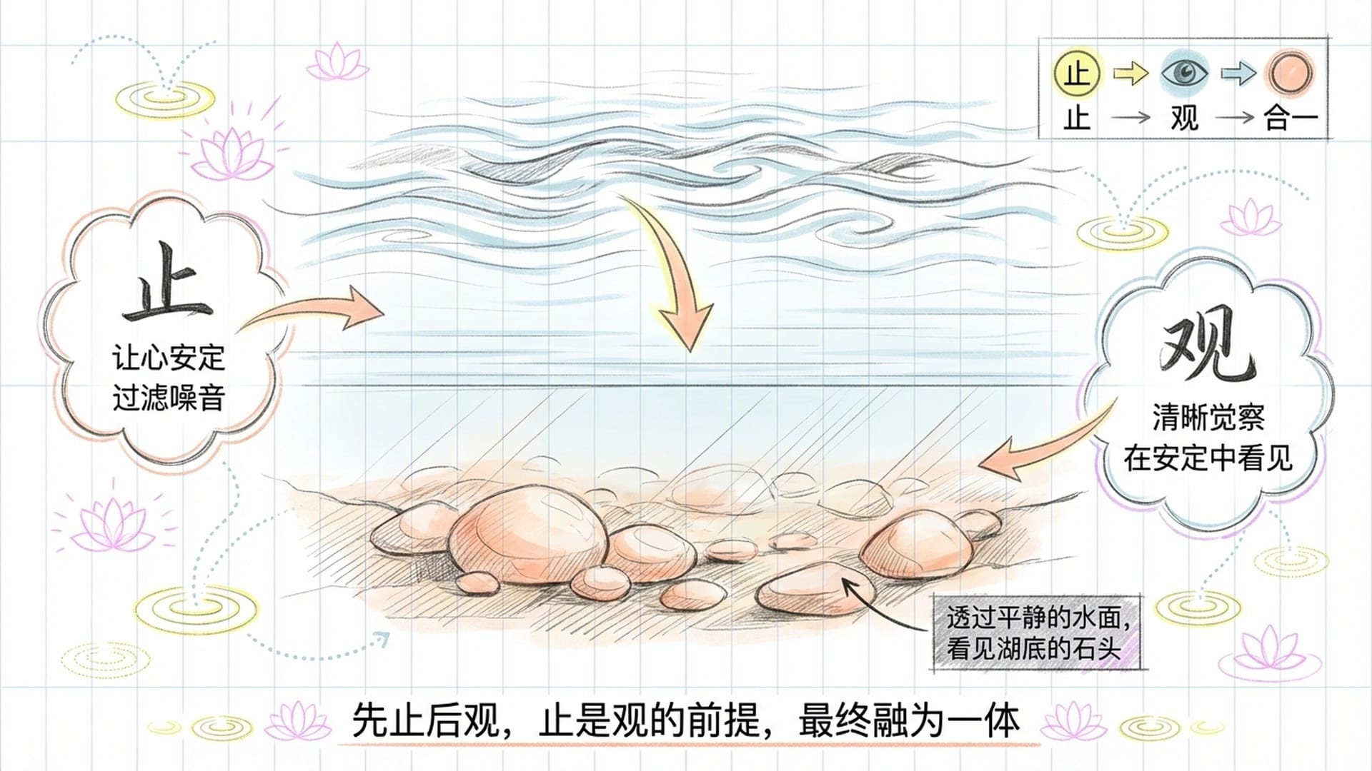 平静湖面与湖底石头的隐喻
