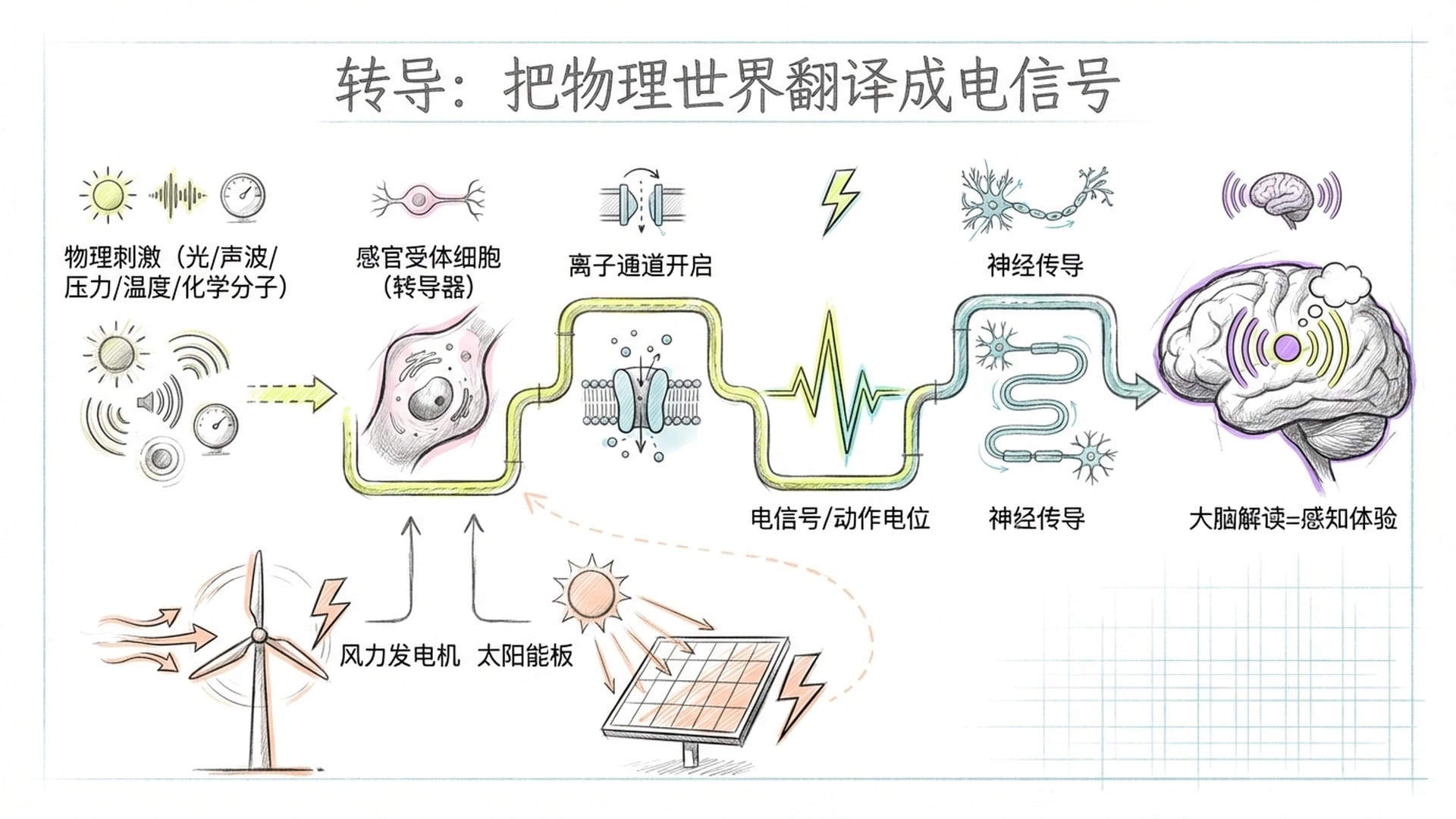 感觉系统转导过程：物理刺激→电信号→大脑解读