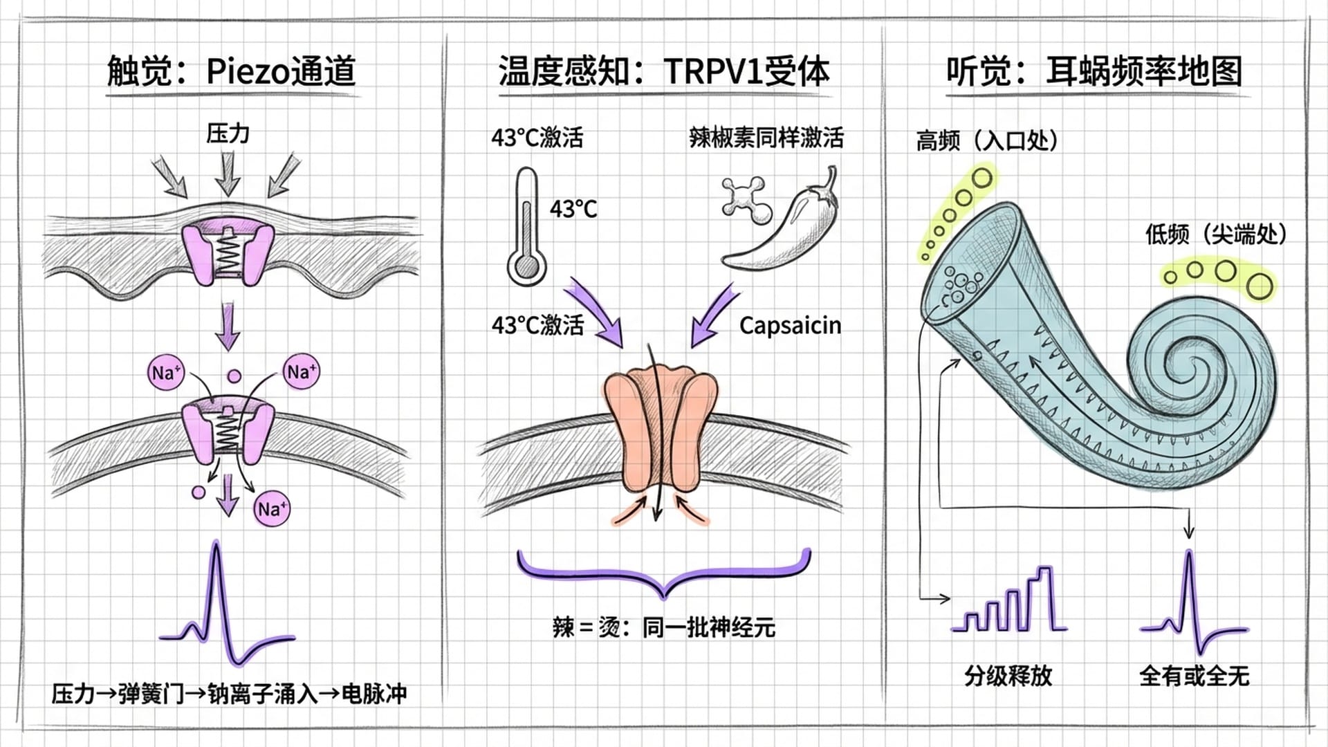 触觉Piezo通道、TRPV1温度受体与听觉耳蜗频率地图