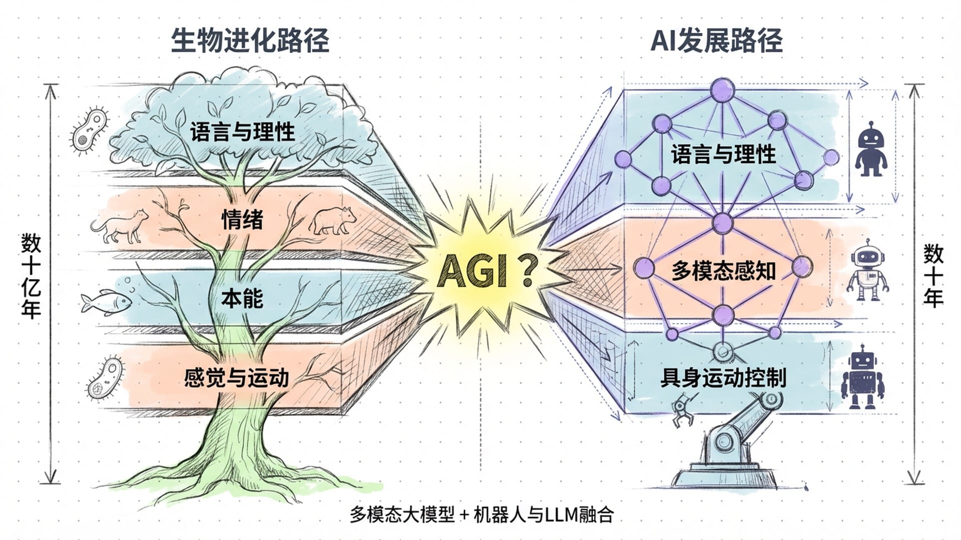 生物进化路径与AI发展路径的对比汇聚图