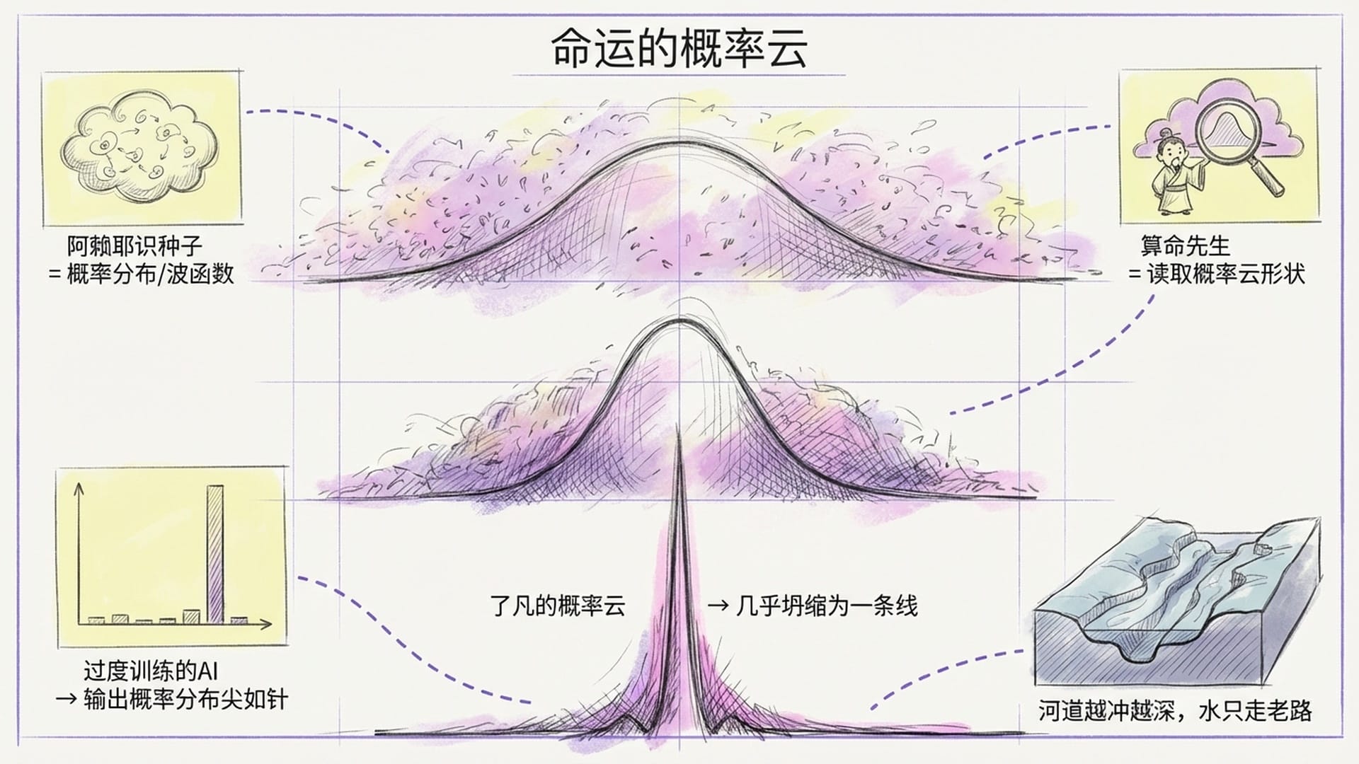量子概率云从弥散收缩为尖锐针状,象征命运轨迹固化