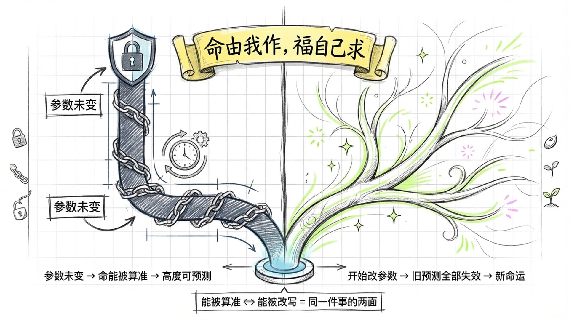 两条分叉路径,左侧锁链束缚,右侧延伸向无限可能