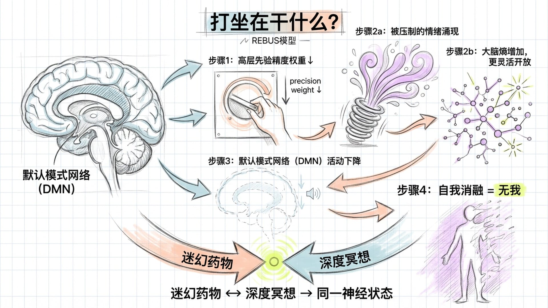 打坐的神经科学机制：REBUS模型，默认模式网络与自我消融