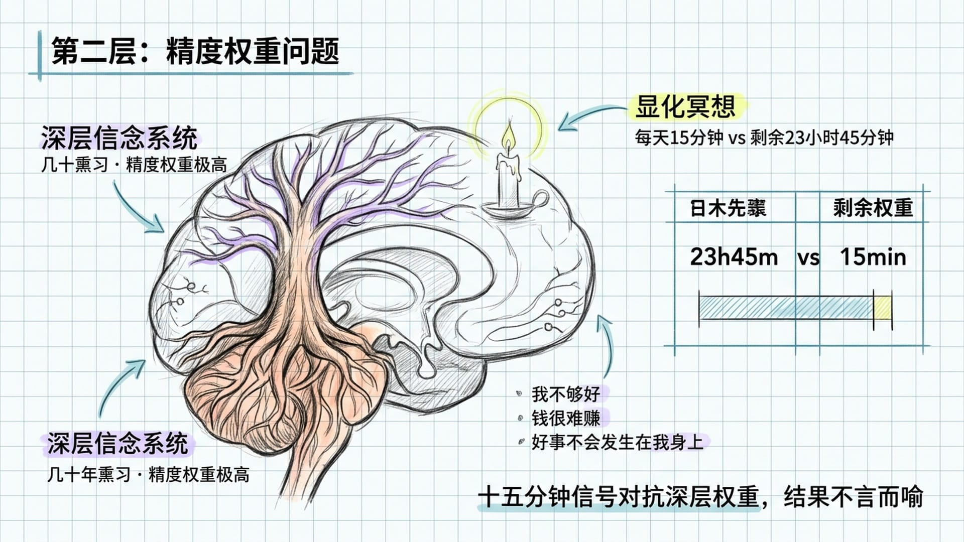 深层信念系统 vs 表层观想:悬殊的权重对比