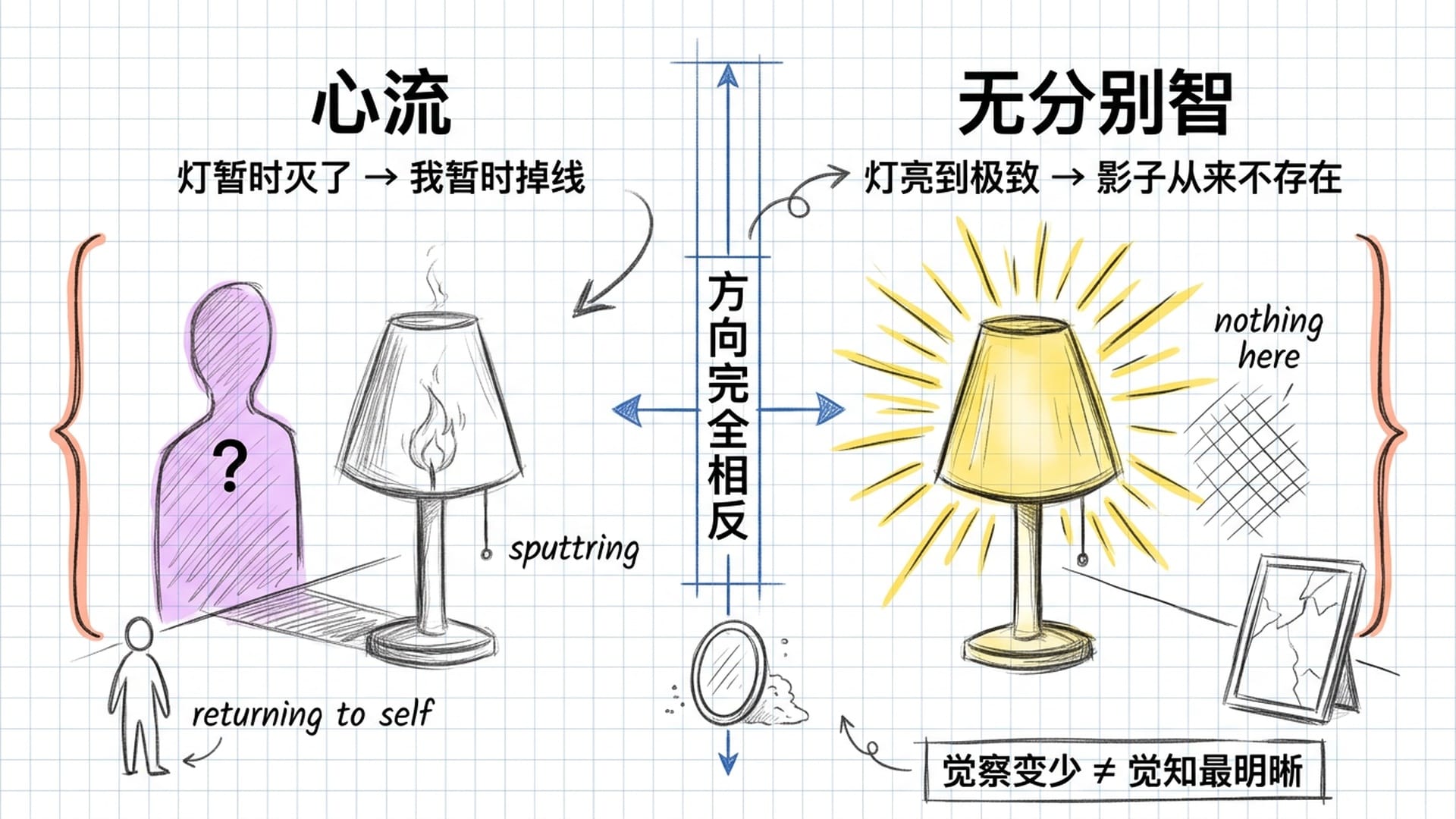 心流与无分别智的根本区别:灯灭看不见影子,vs 灯亮照见影子从来不存在