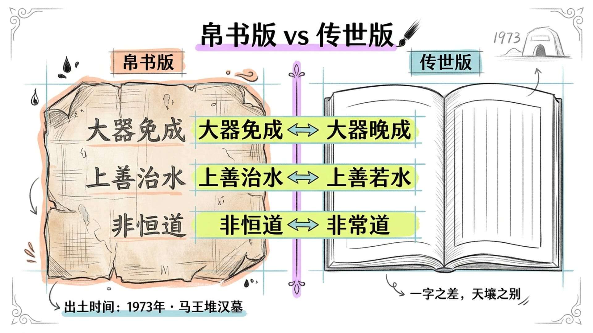1973年马王堆汉墓出土帛书，与传世版道德经的关键字差异