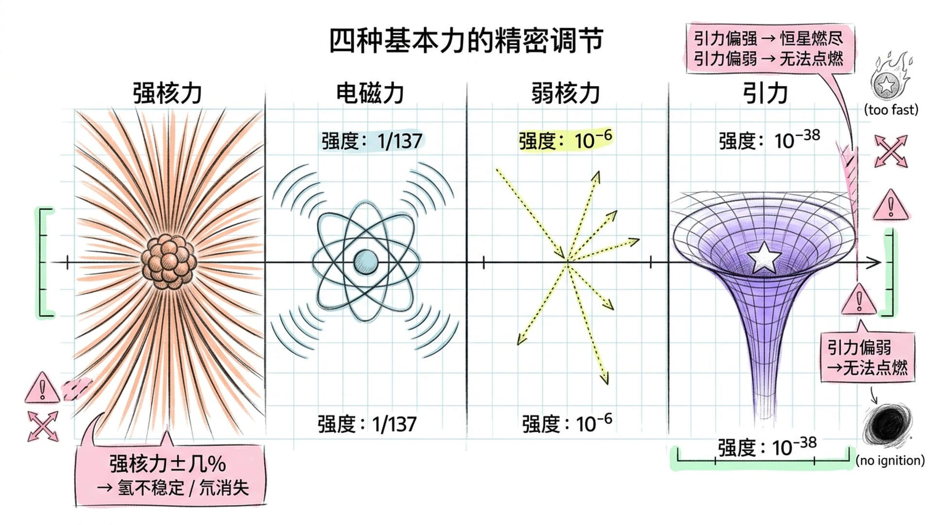 四种基本力的相对强度与精细调节要求