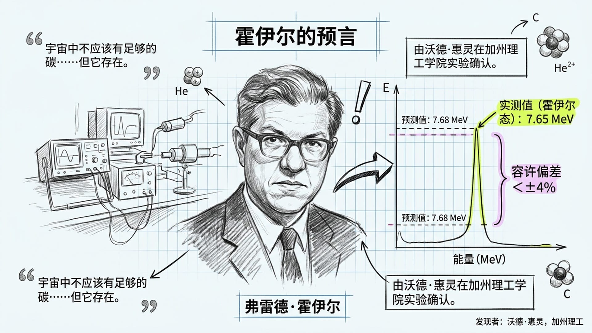 霍伊尔预言与实验发现的对比:碳-12共振态