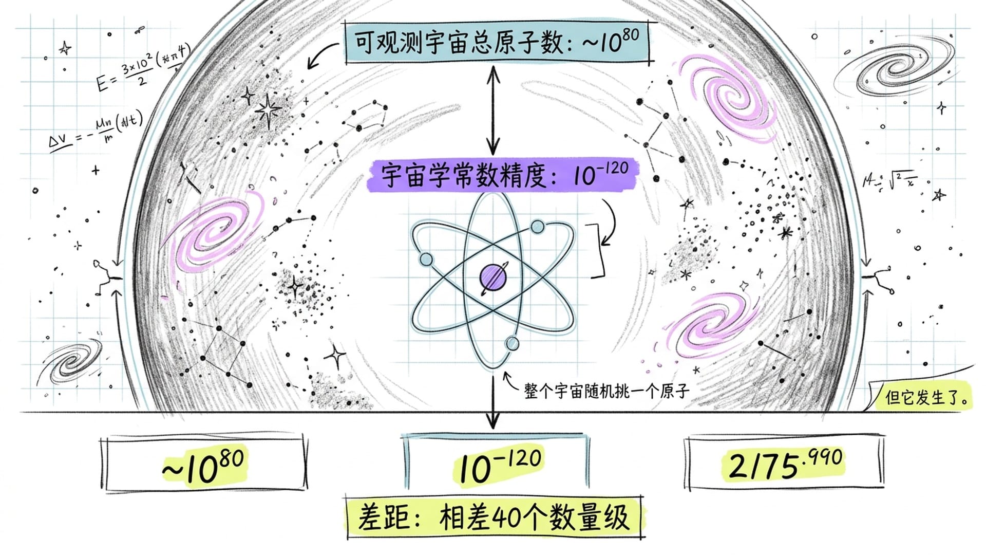 可观测宇宙与原子总数的尺度对比