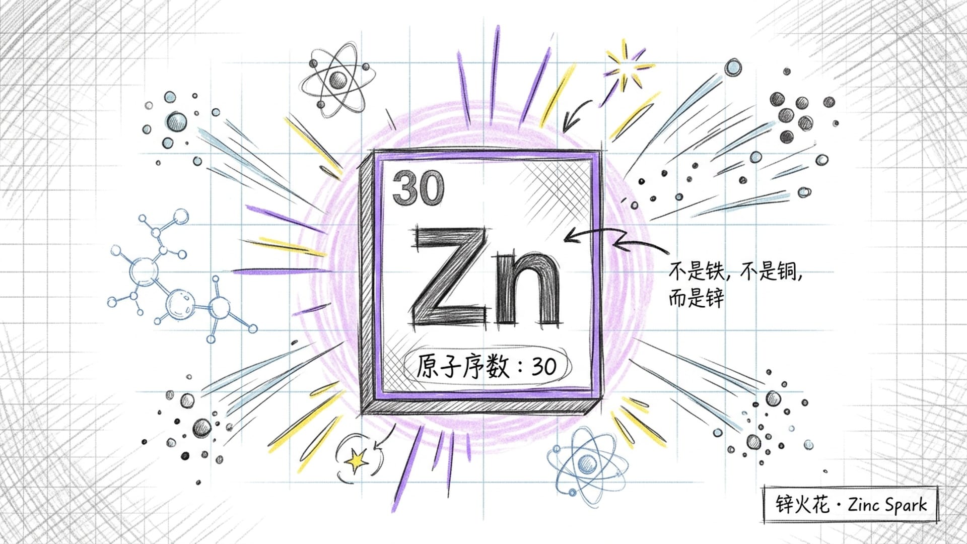 锌元素特写：Zn，原子序数30