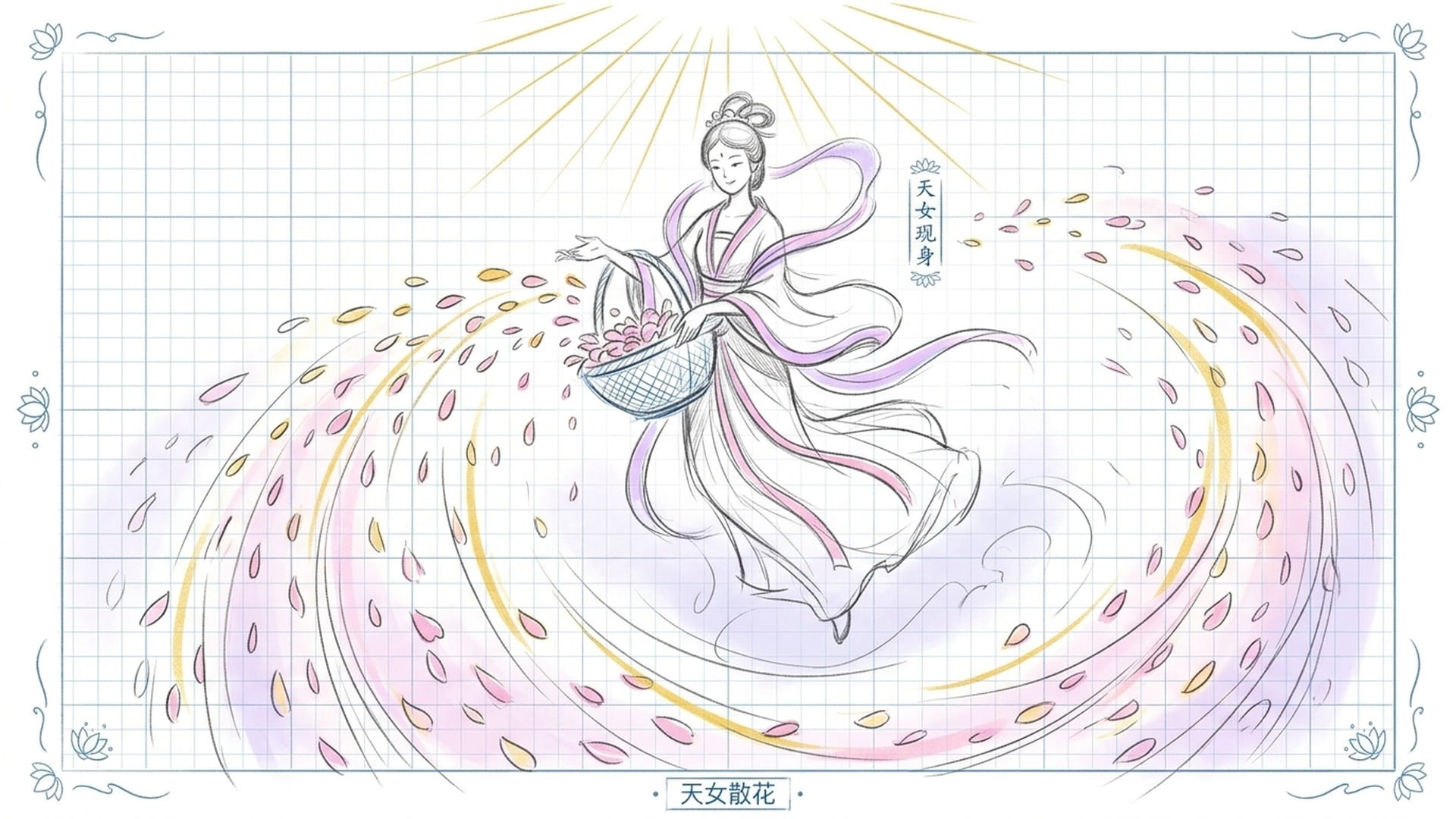 天女持花，金色花瓣纷纷飘落