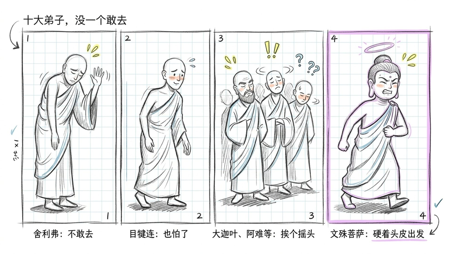 十大弟子纷纷推辞，文殊菩萨无奈出发