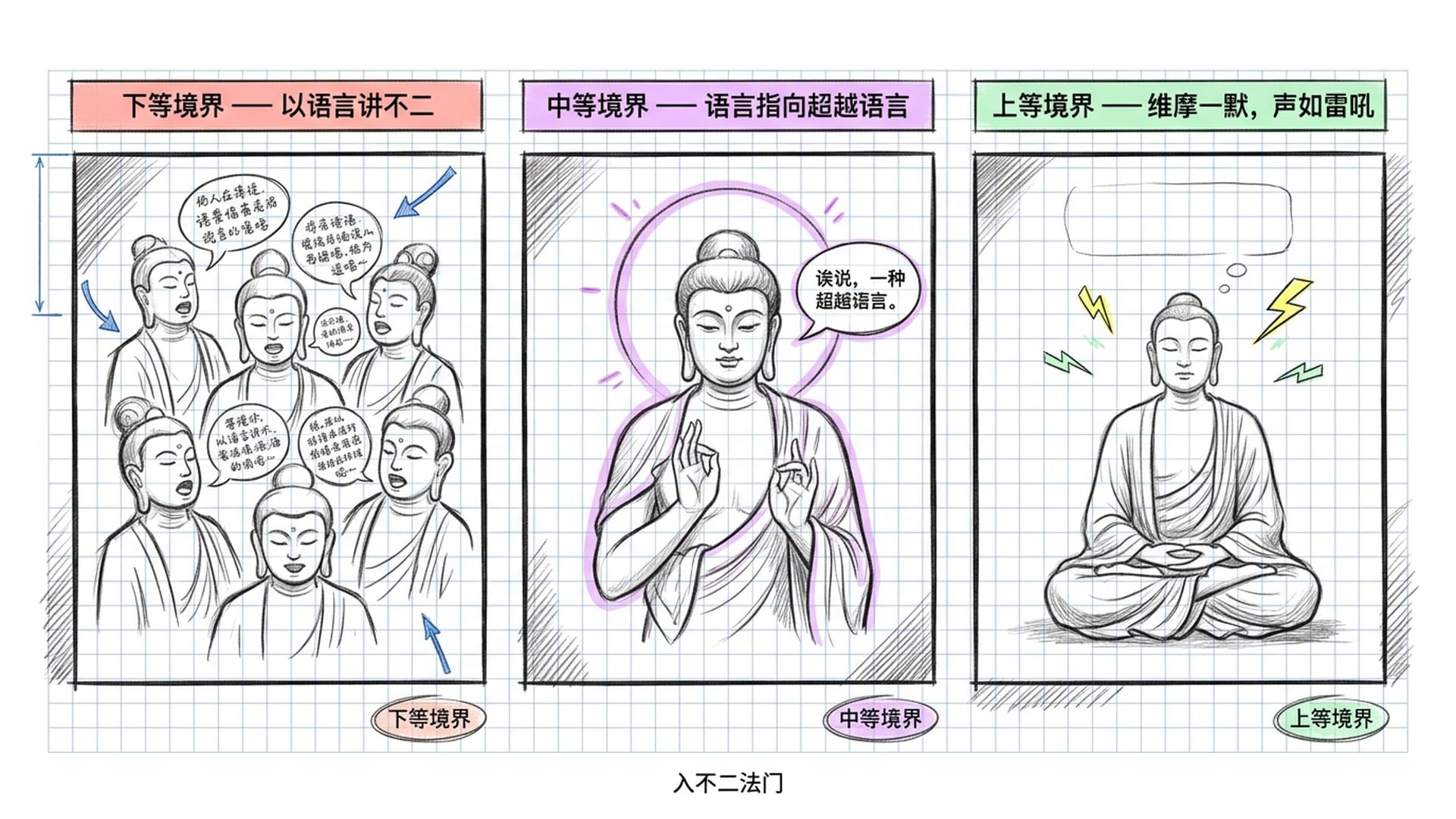 三十一菩萨各陈其说，维摩诘端坐沉默如雷