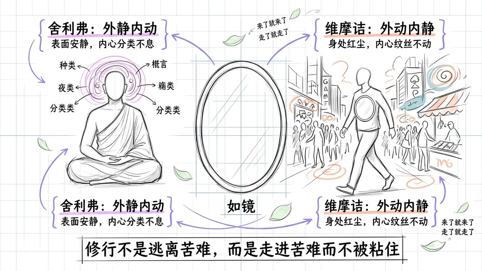 维摩诘如镜，外动内静，繁华红尘映入又映出