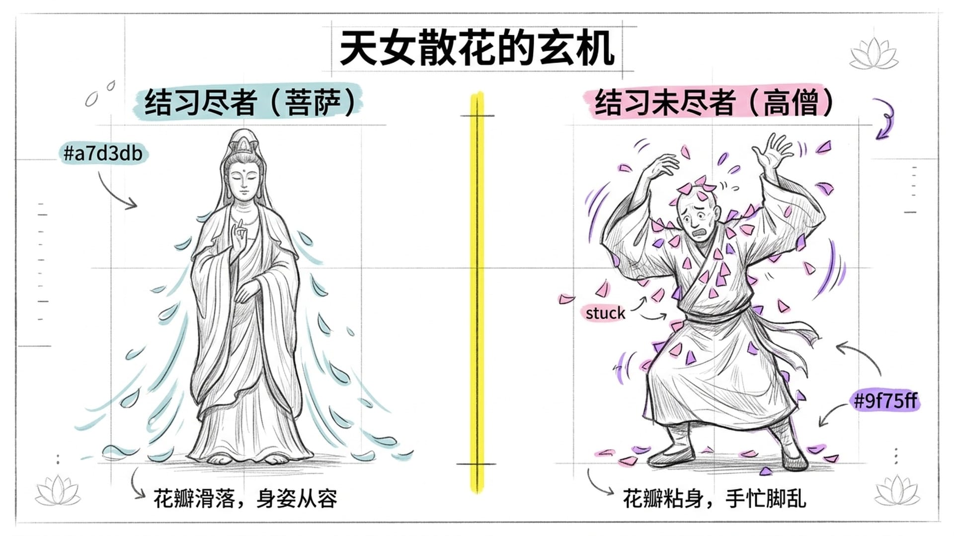 左侧菩萨花瓣滑落从容，右侧高僧花瓣粘满全身