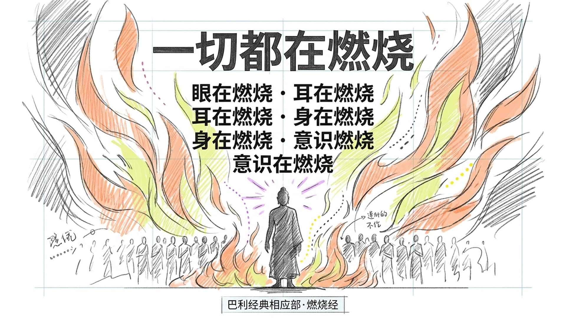 伽耶山头,佛陀面对一千苦行者,火焰环绕