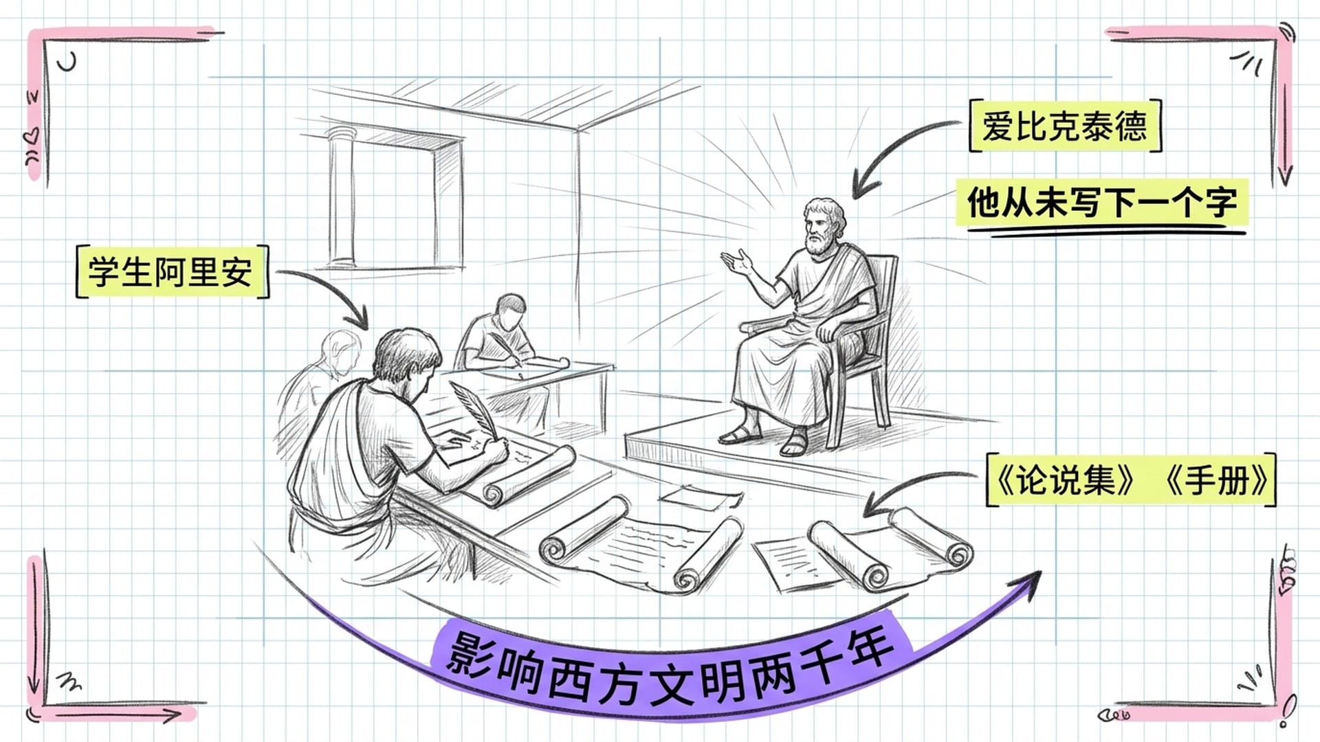 古代课堂场景,爱比克泰德讲课,学生奋笔疾书