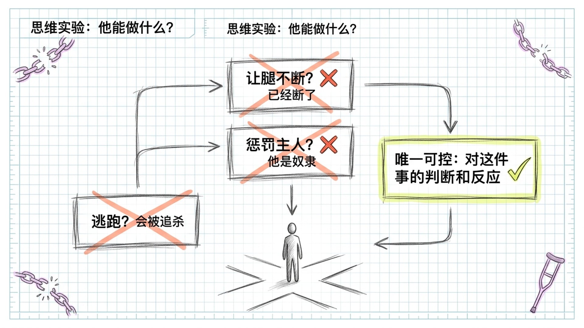 思维实验:三个被红色X标记的选项