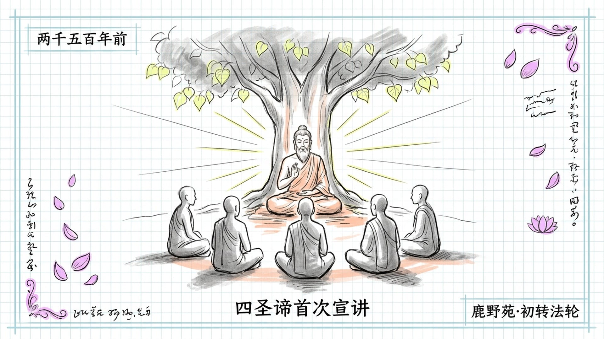 古印度鹿野苑，佛陀与五位弟子初转法轮