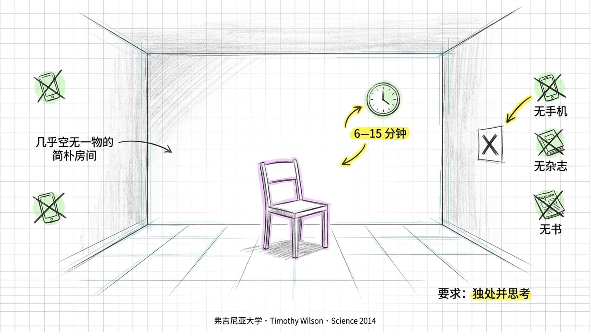 实验设置:空白房间,独处,无杂志书籍