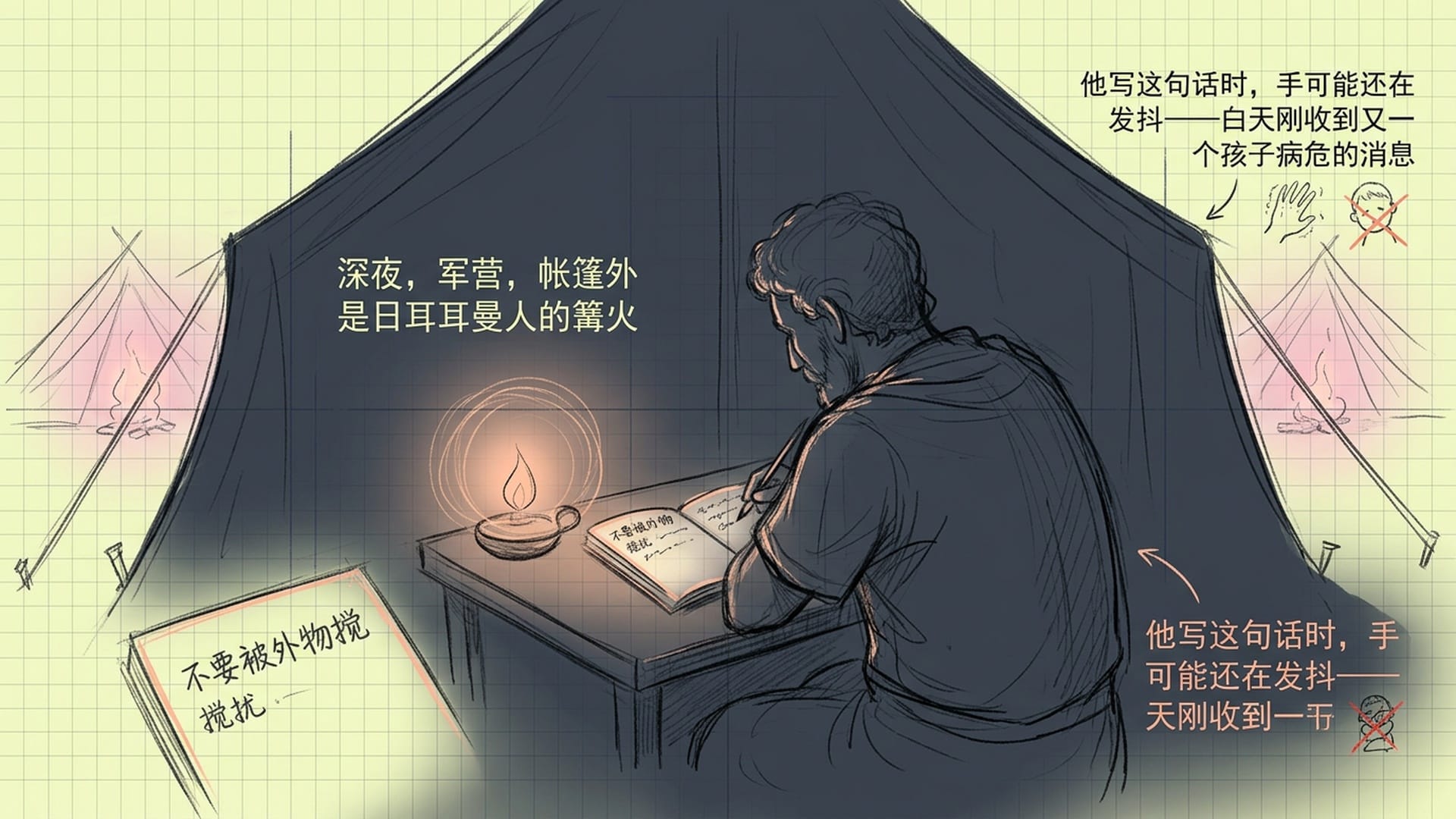 深夜军营，皇帝伏案书写