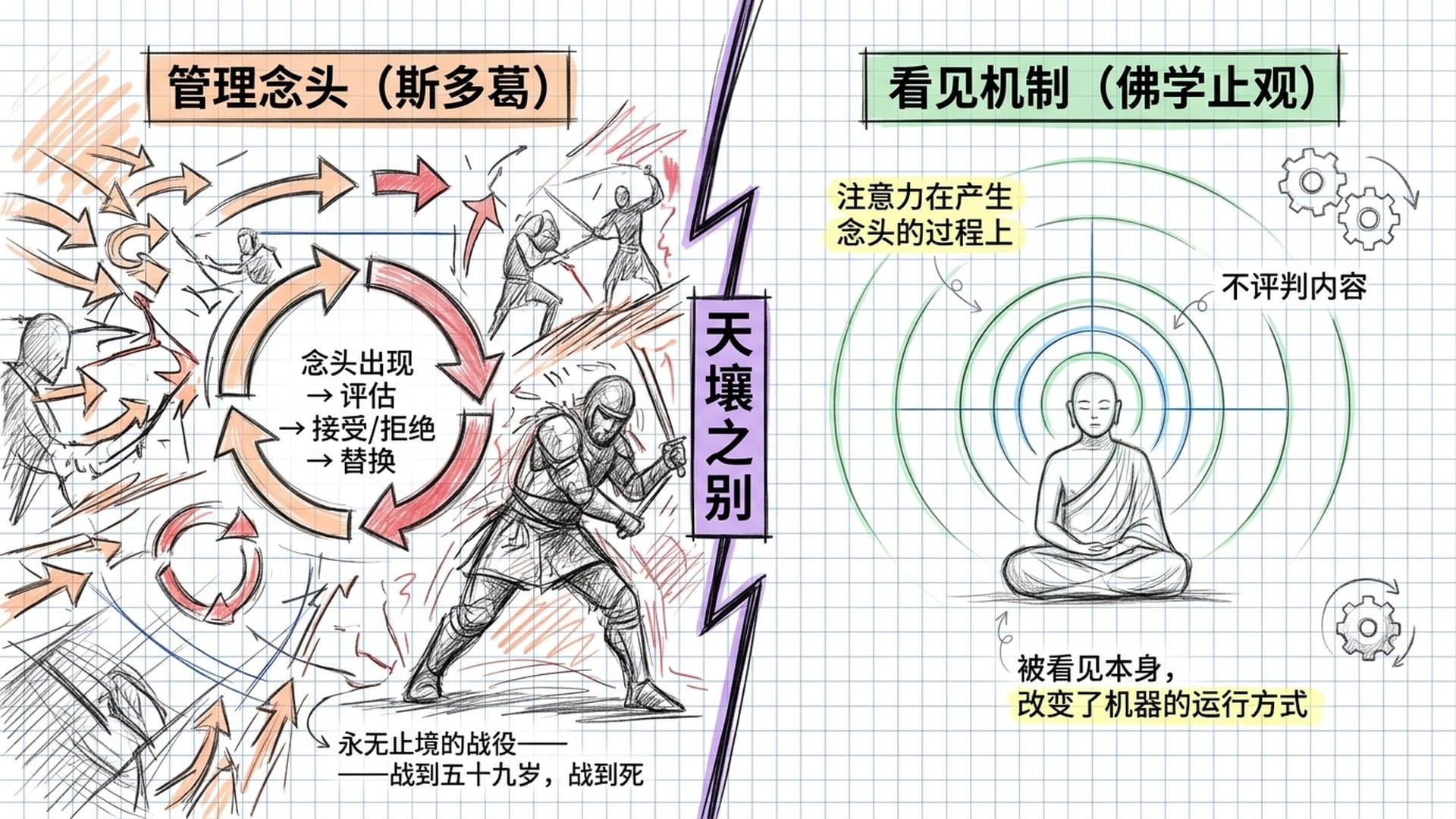 管理念头对比看见机制