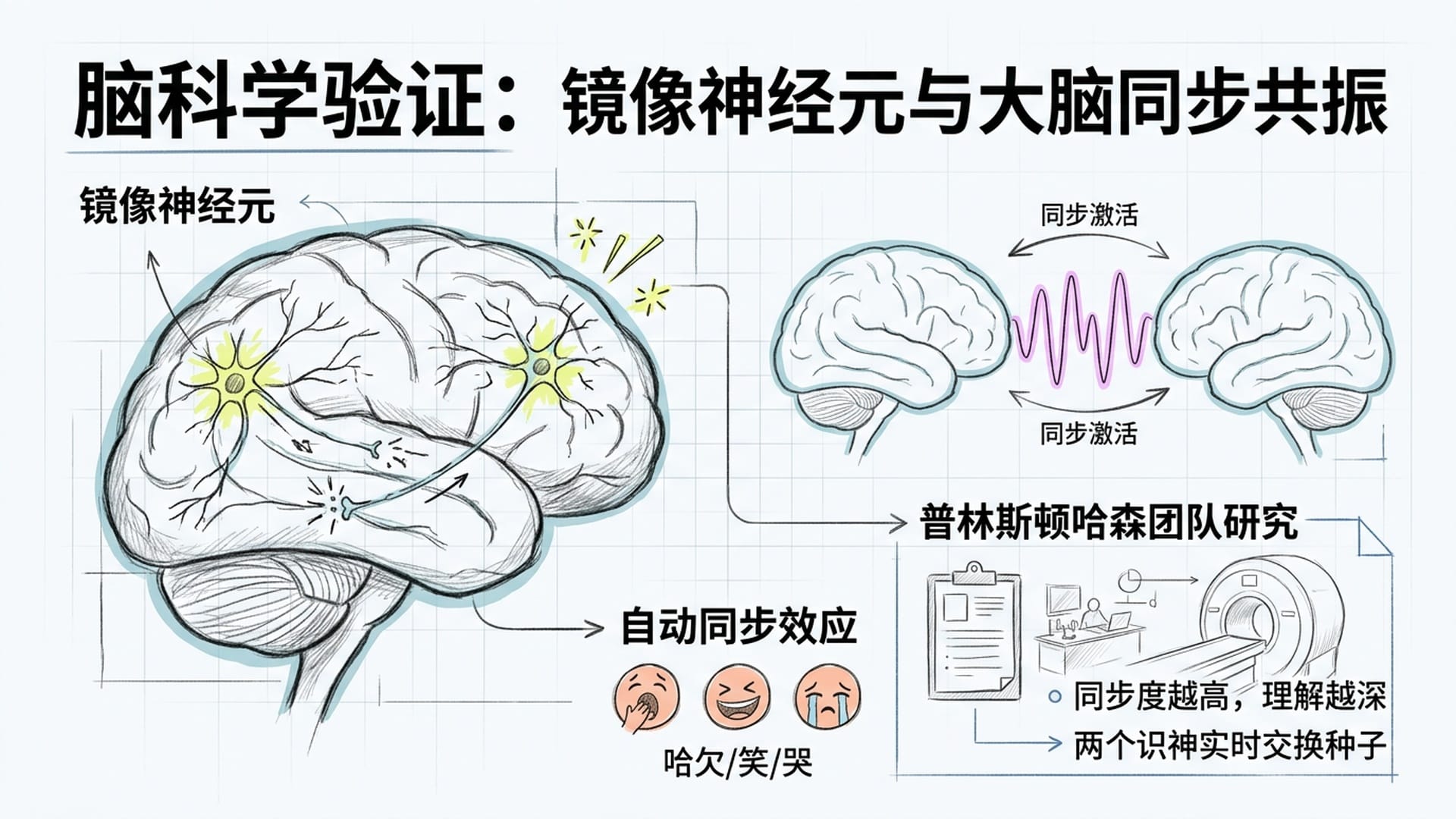 大脑神经元激活图，镜像神经元高亮，两个大脑同步振荡