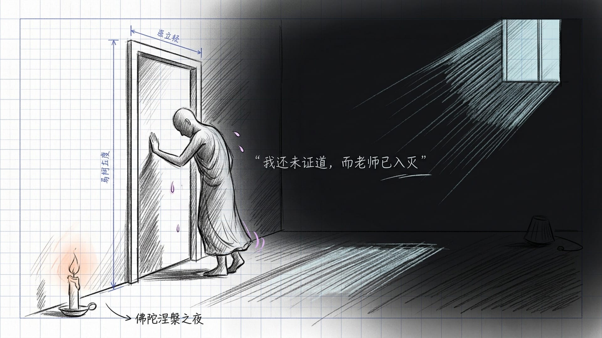 佛陀入灭之夜,阿难靠门哭泣