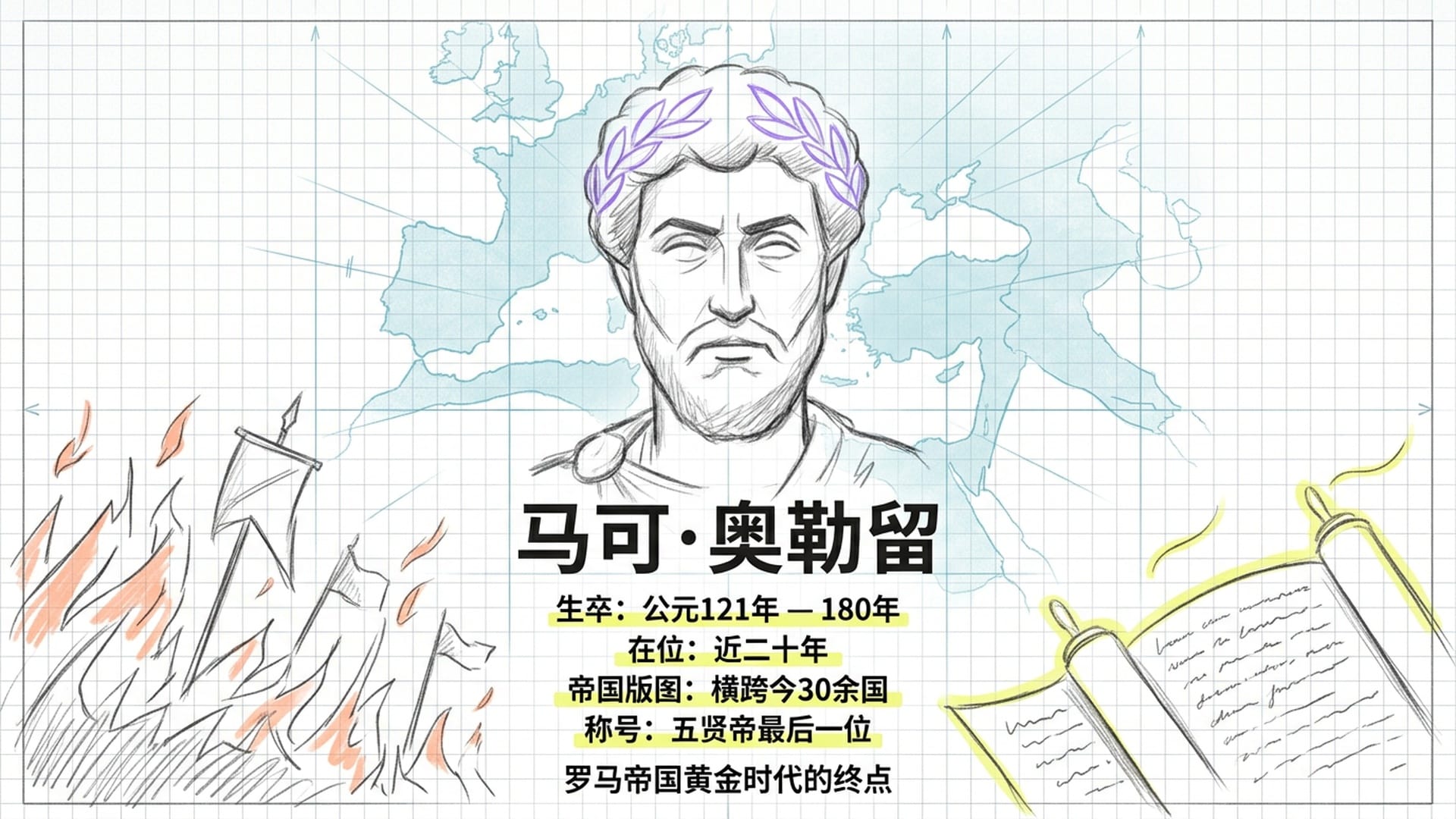 罗马帝国皇帝马可·奥勒留画像与版图