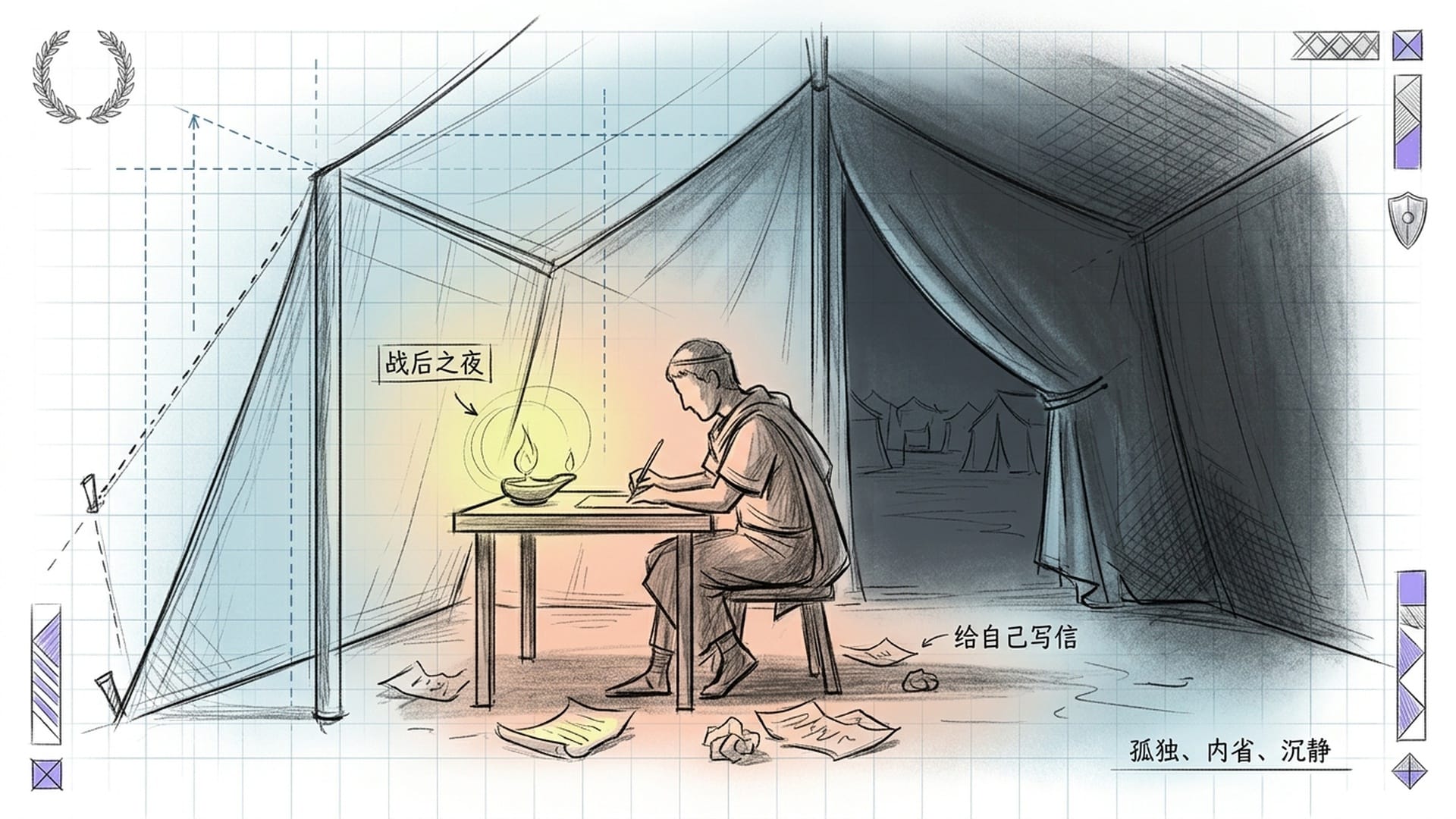 战后军帐夜晚，孤独身影伏案写作