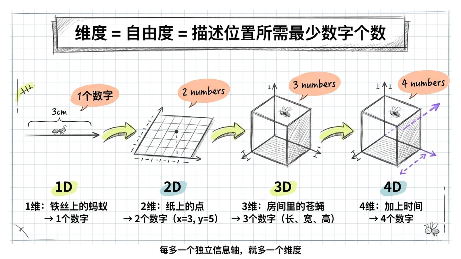 维度即自由度：从1D到4D的逐步演化