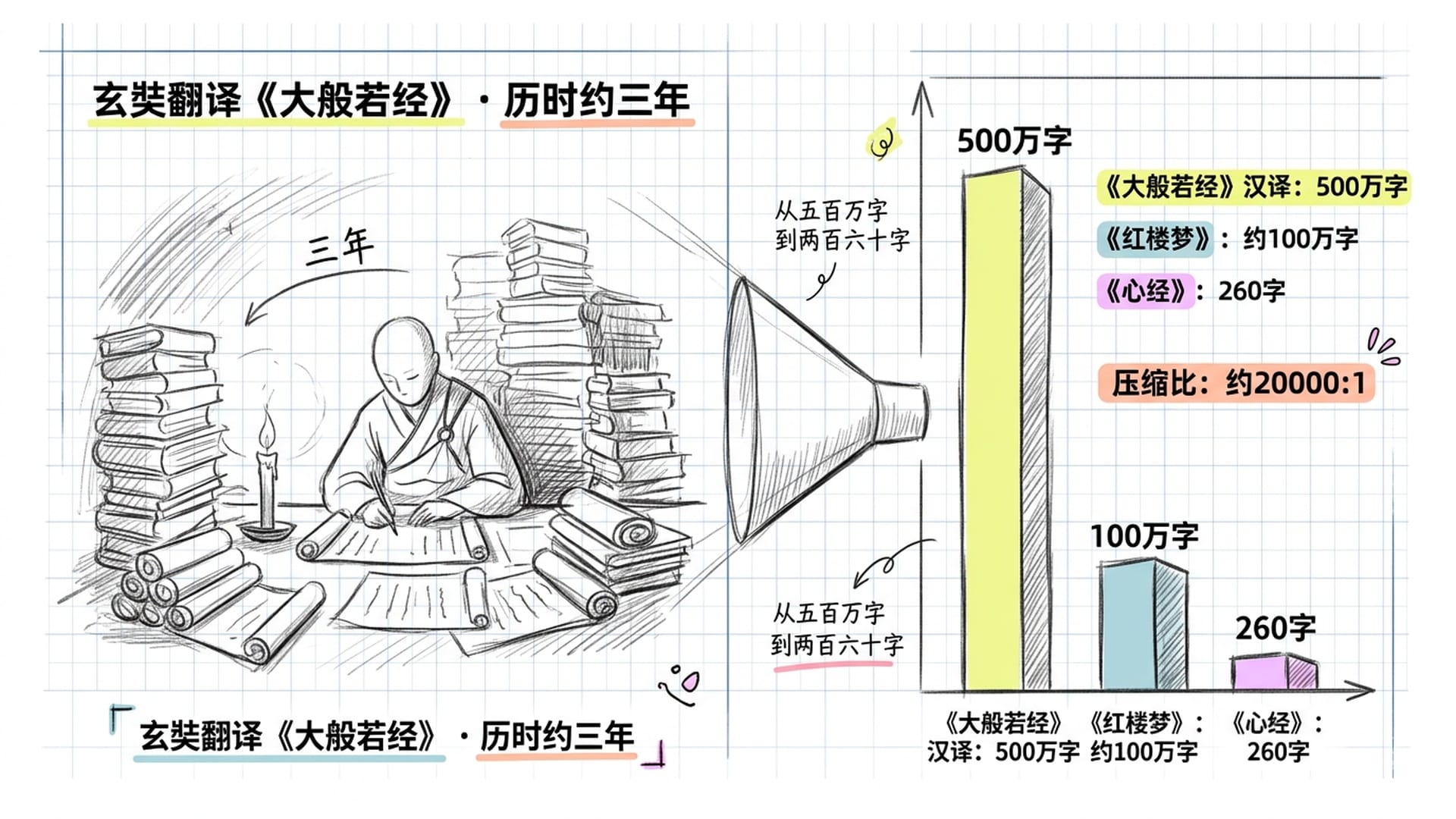 数字对比：大般若经与心经的规模对照