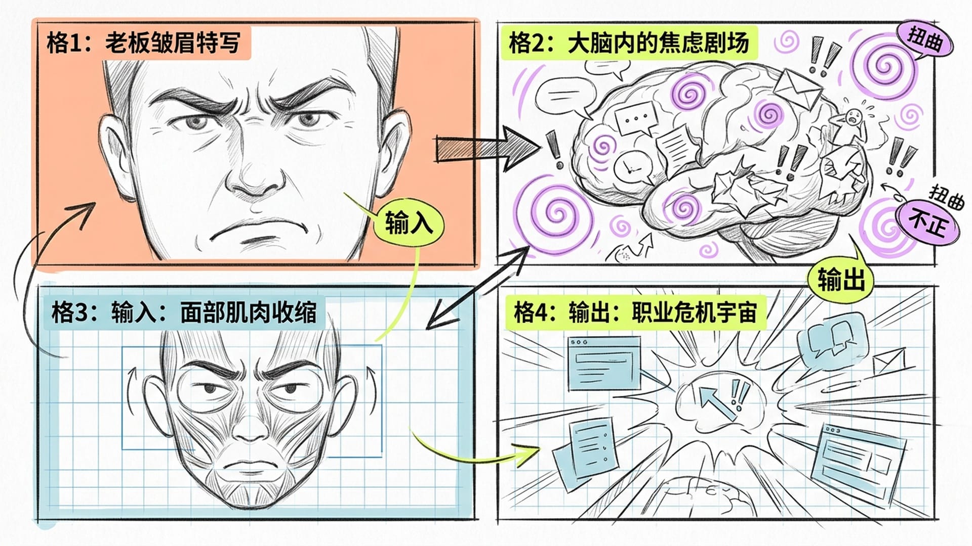 扭曲的办公室走廊，大脑内的焦虑场景