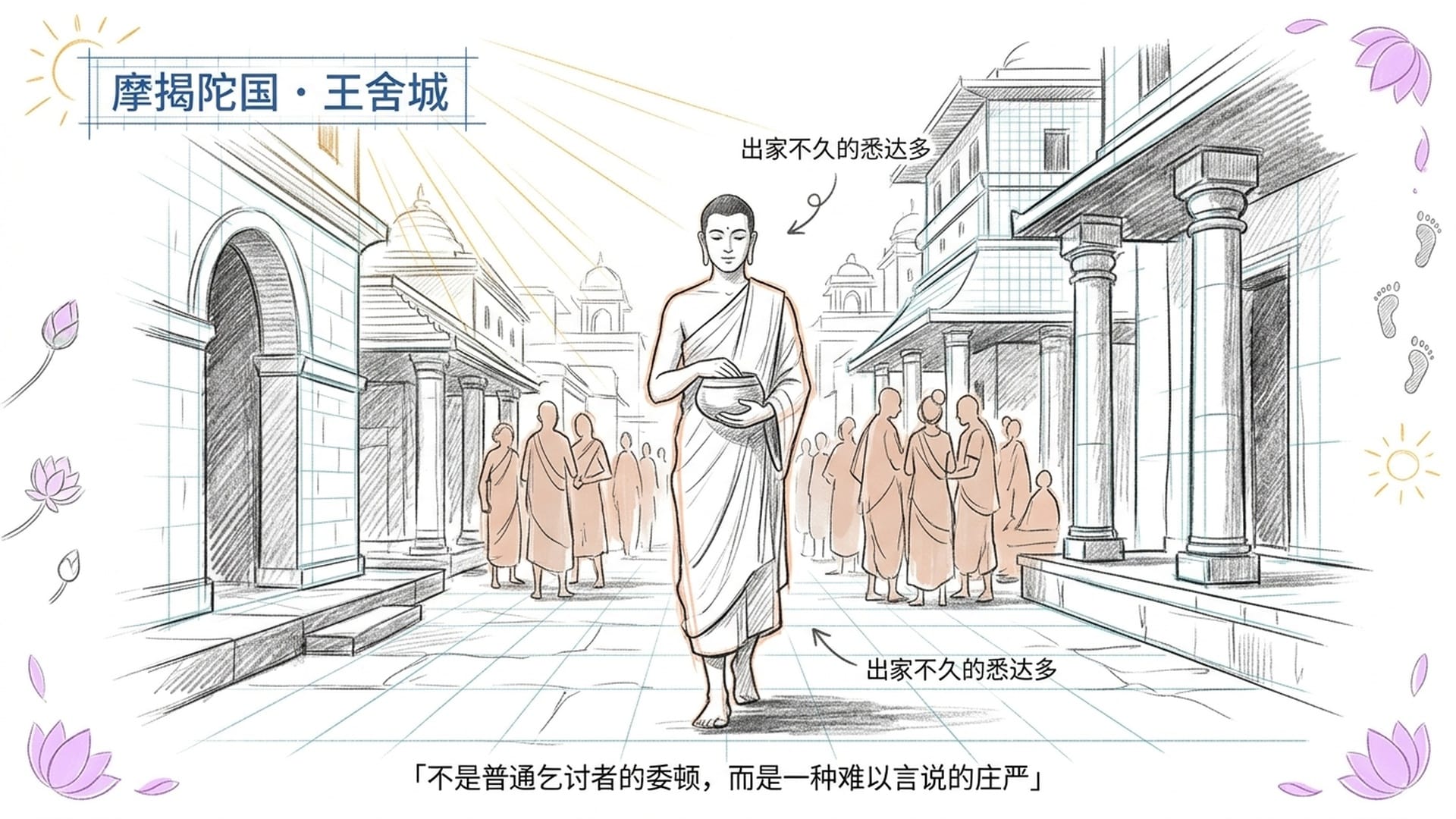 年轻的悉达多游方托钵，仪态庄严