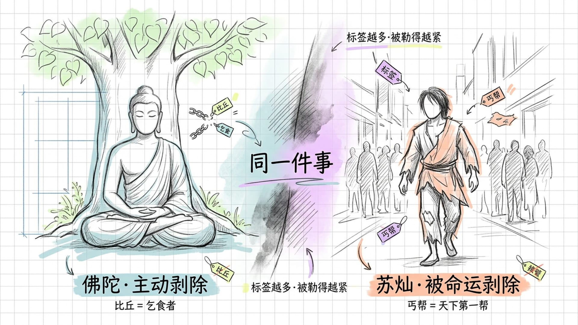 佛陀主动剥除身份，苏灿被命运剥除身份，两者殊途同归